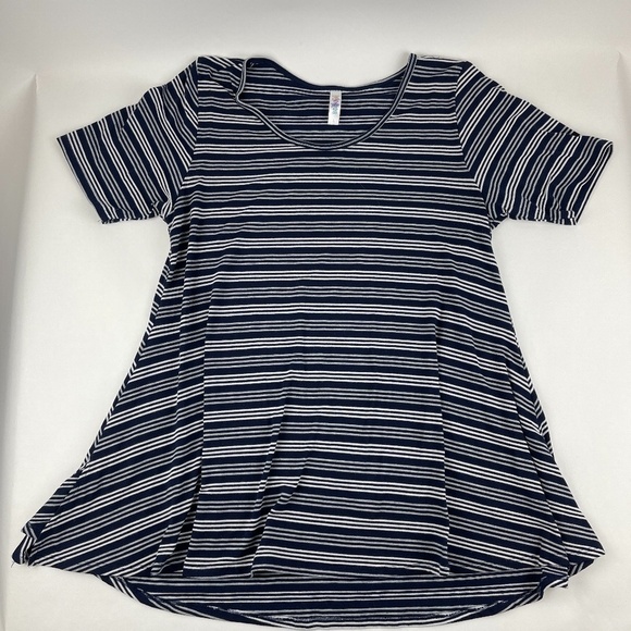 Lularoe Shirt Womens Large Blue Gray White Striped Short Sleeve Round Neck - Picture 1 of 8